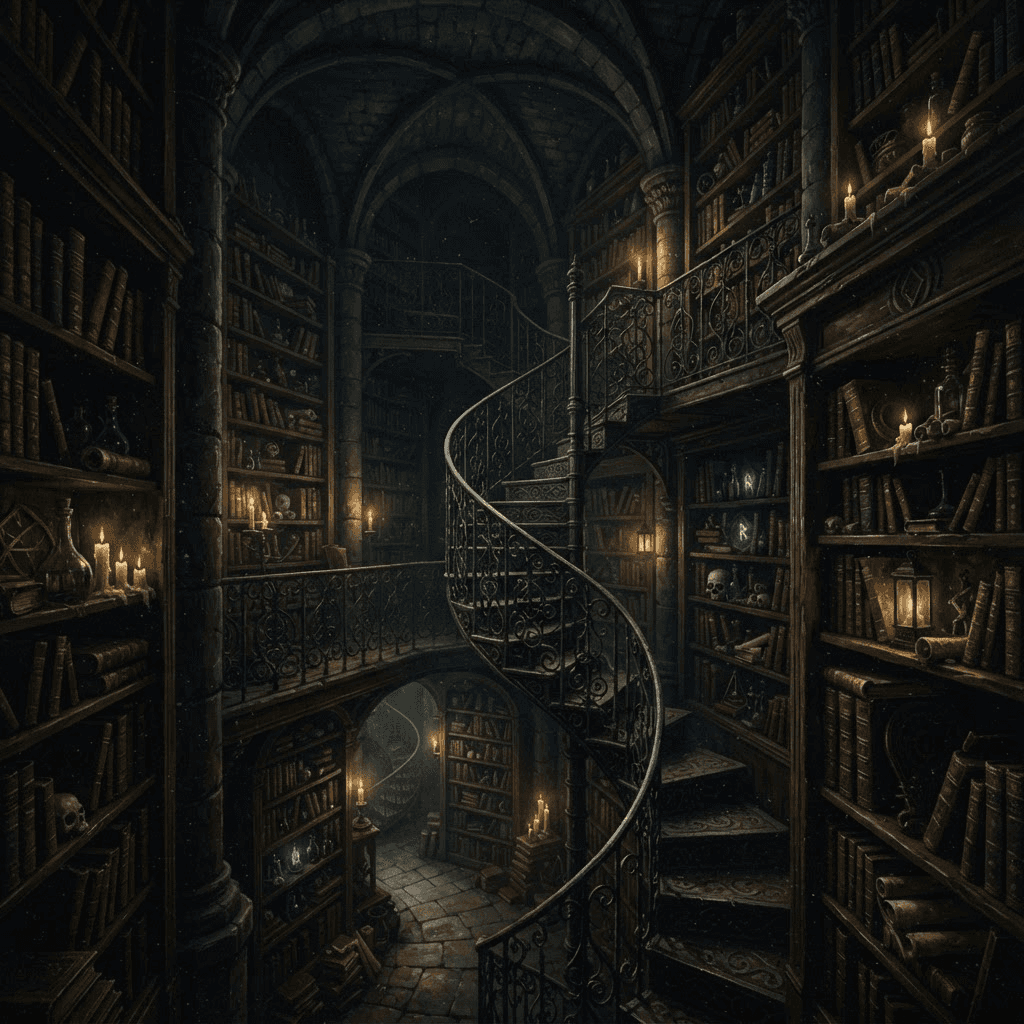 Antica biblioteca con scaffali di libri e una scala a chiocciola